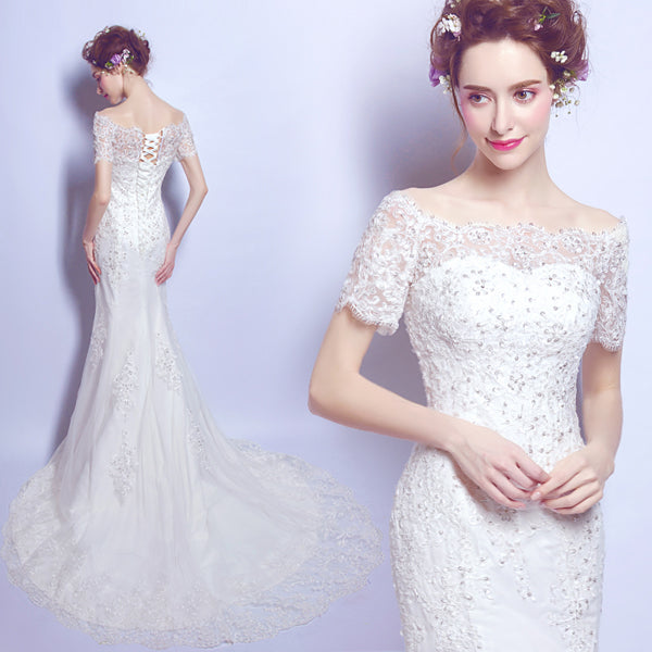 White sequined sexy mermaid women princess bridesmaid banquet party wedding bridal dress gown