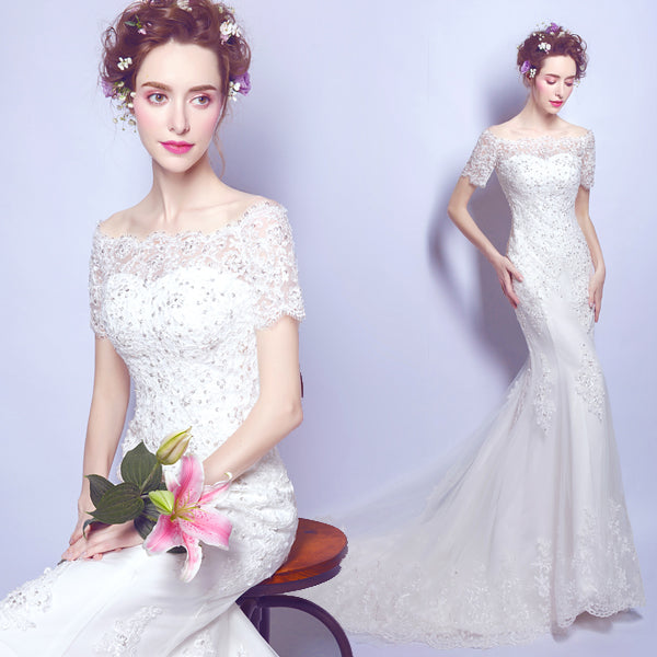 White sequined sexy mermaid women princess bridesmaid banquet party wedding bridal dress gown