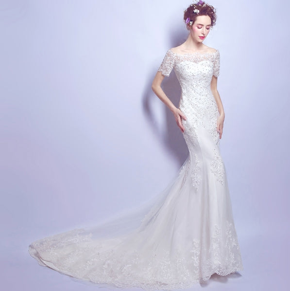 White sequined sexy mermaid women princess bridesmaid banquet party wedding bridal dress gown