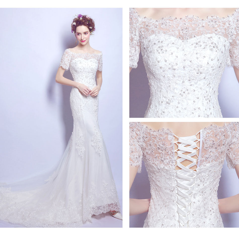 White sequined sexy mermaid women princess bridesmaid banquet party wedding bridal dress gown