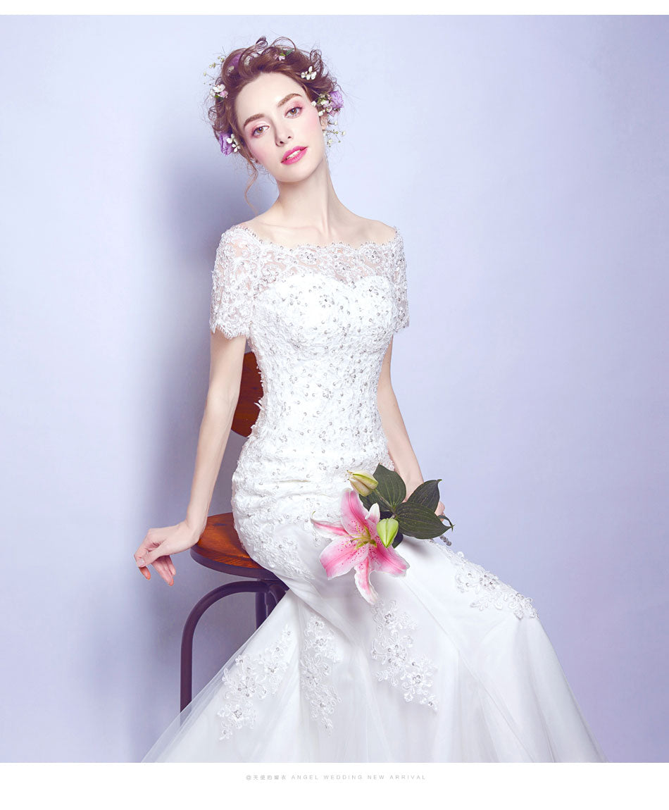 White sequined sexy mermaid women princess bridesmaid banquet party wedding bridal dress gown