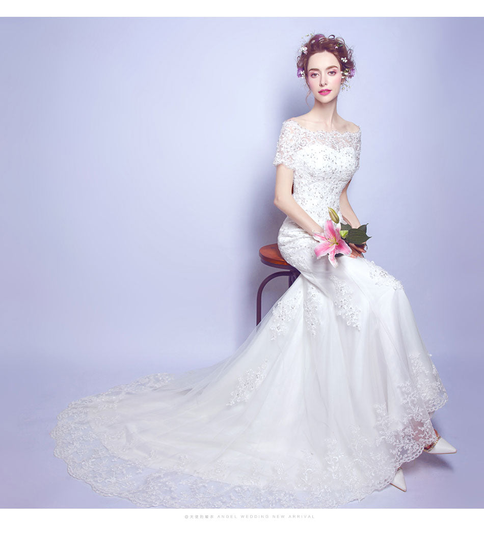 White sequined sexy mermaid women princess bridesmaid banquet party wedding bridal dress gown