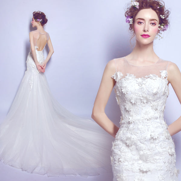 White mermaid backless sexy women princess bridesmaid banquet party wedding bridal dress gown