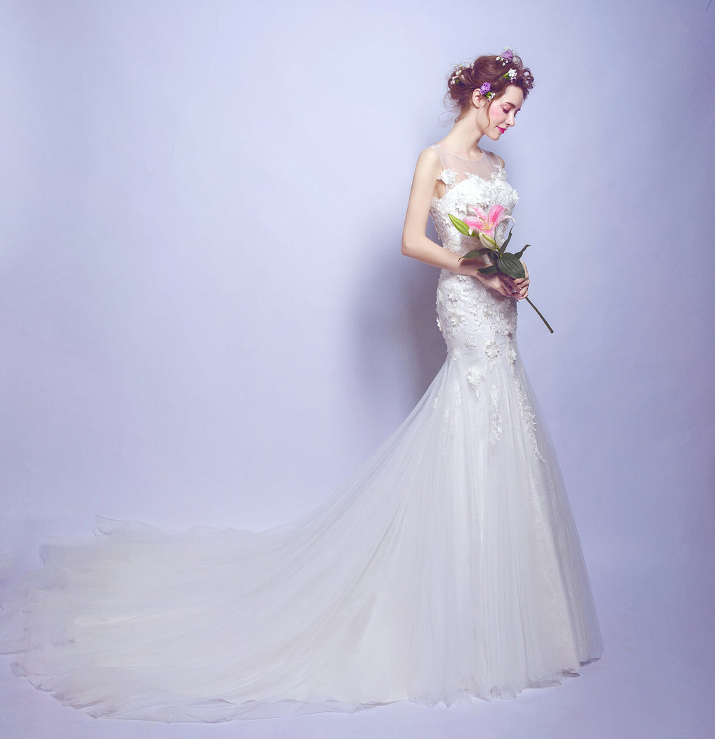 White mermaid backless sexy women princess bridesmaid banquet party wedding bridal dress gown