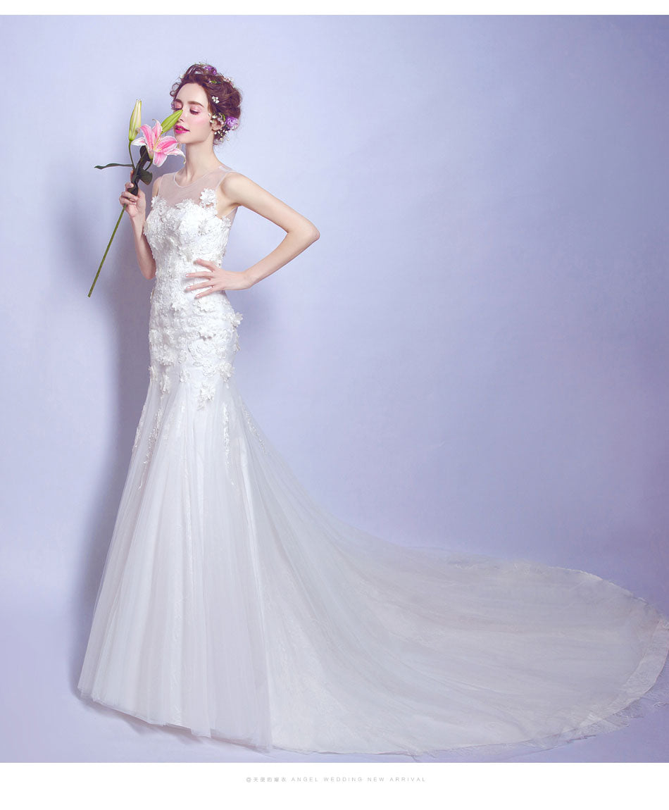 White mermaid backless sexy women princess bridesmaid banquet party wedding bridal dress gown
