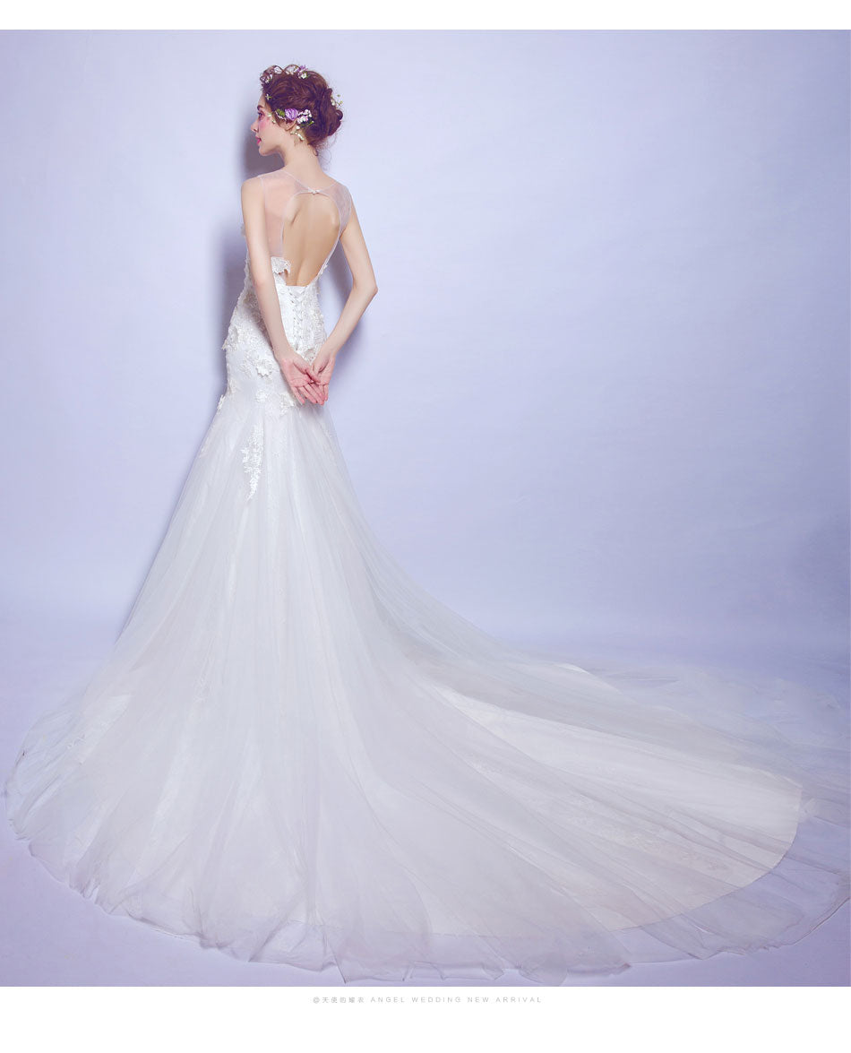 White mermaid backless sexy women princess bridesmaid banquet party wedding bridal dress gown