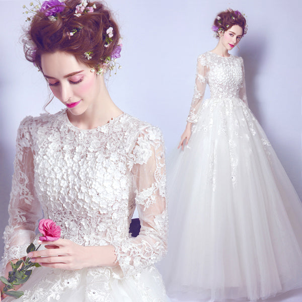 White luxury long sleeve women princess bridesmaid banquet party wedding bridal dress gown