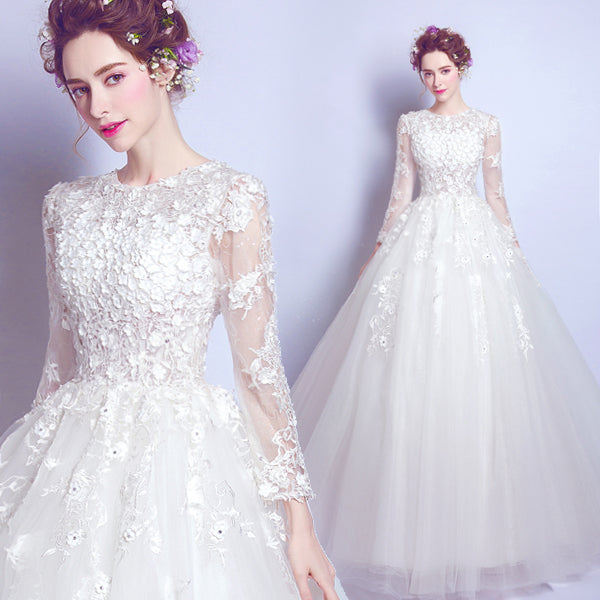 White luxury long sleeve women princess bridesmaid banquet party wedding bridal dress gown