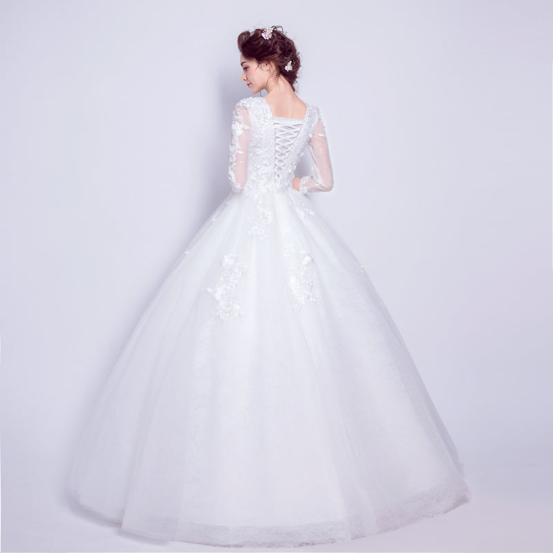 White luxury long sleeve women princess bridesmaid banquet party wedding bridal dress gown