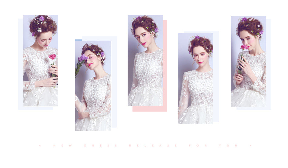 White luxury long sleeve women princess bridesmaid banquet party wedding bridal dress gown