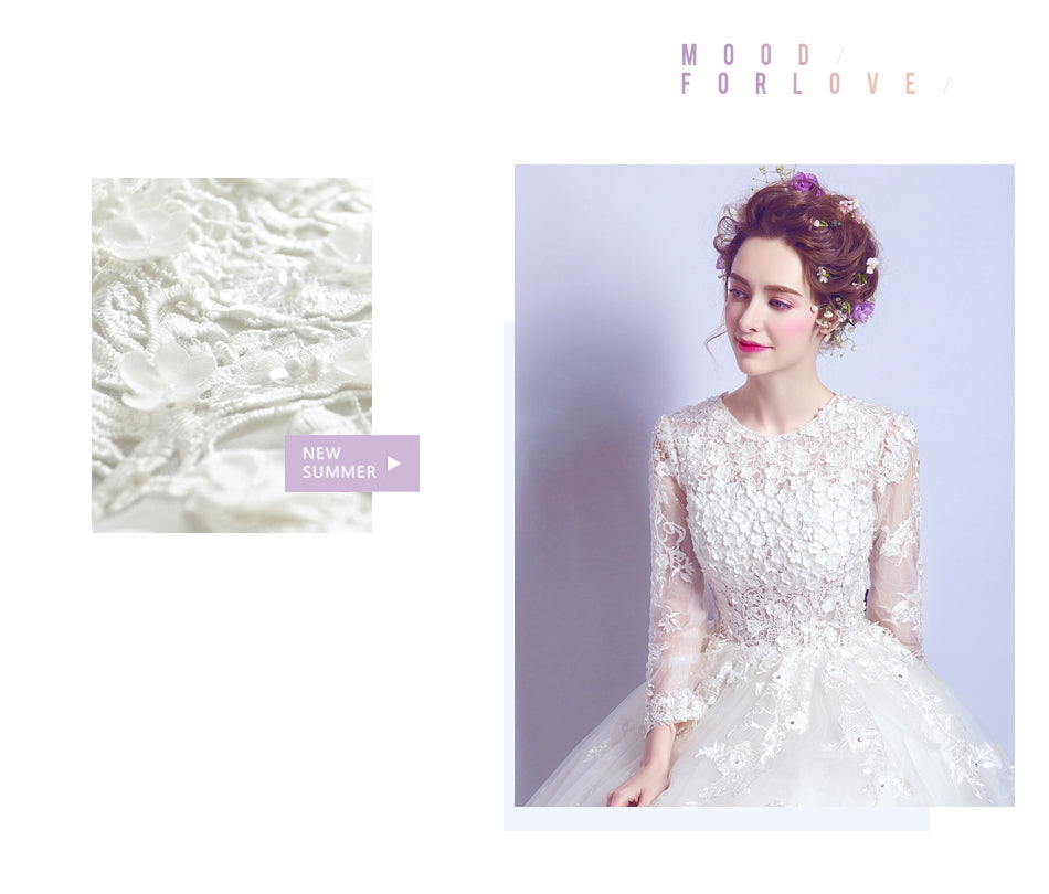 White luxury long sleeve women princess bridesmaid banquet party wedding bridal dress gown