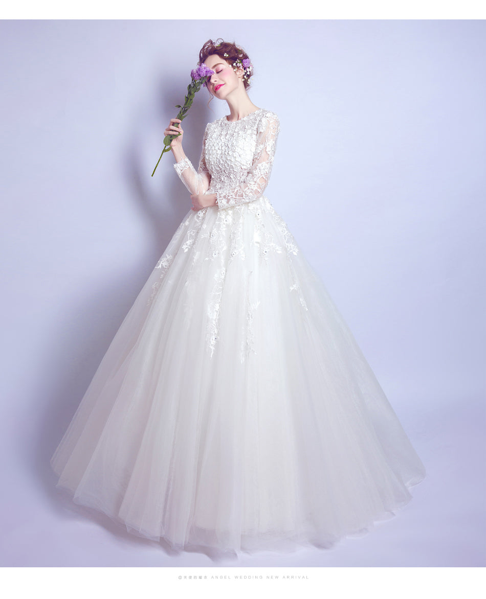 White luxury long sleeve women princess bridesmaid banquet party wedding bridal dress gown