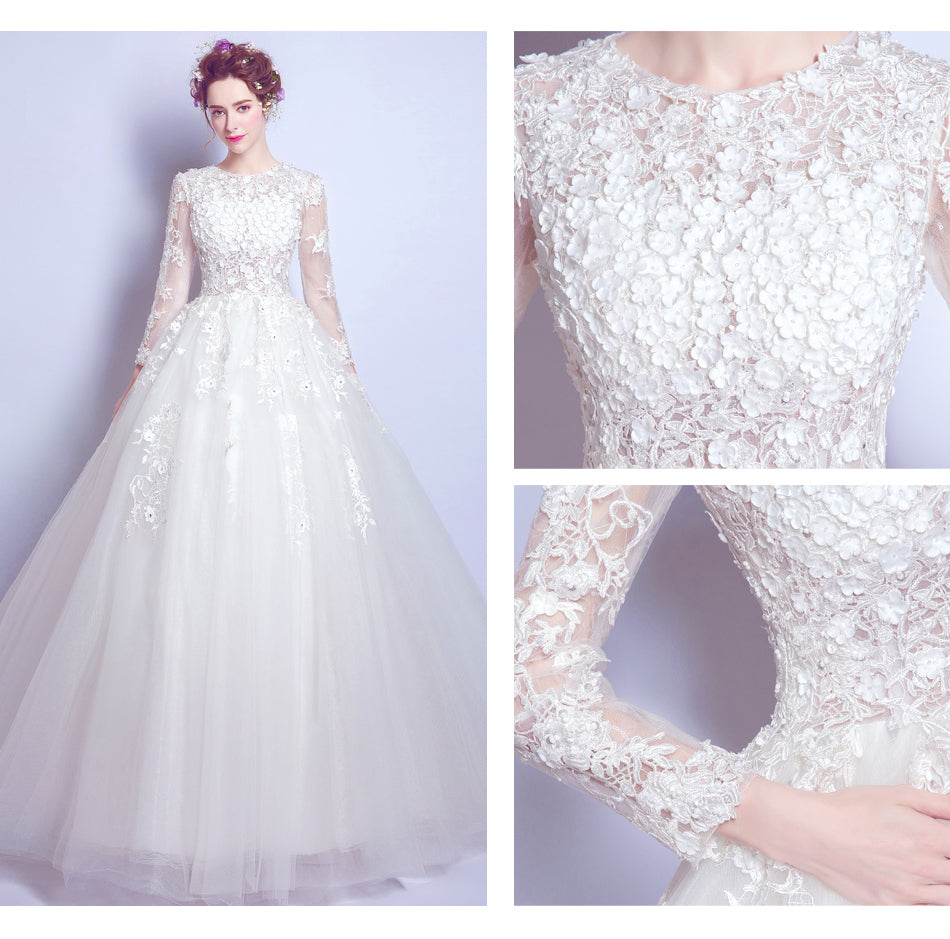 White luxury long sleeve women princess bridesmaid banquet party wedding bridal dress gown