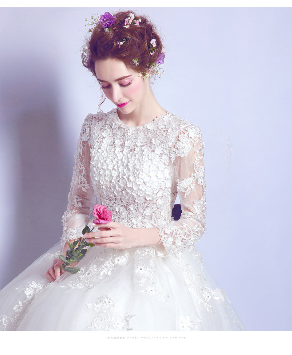 White luxury long sleeve women princess bridesmaid banquet party wedding bridal dress gown