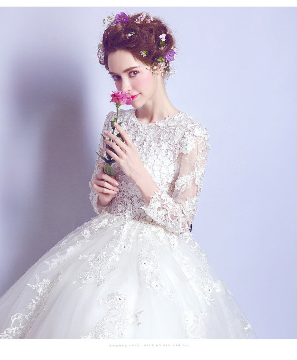White luxury long sleeve women princess bridesmaid banquet party wedding bridal dress gown