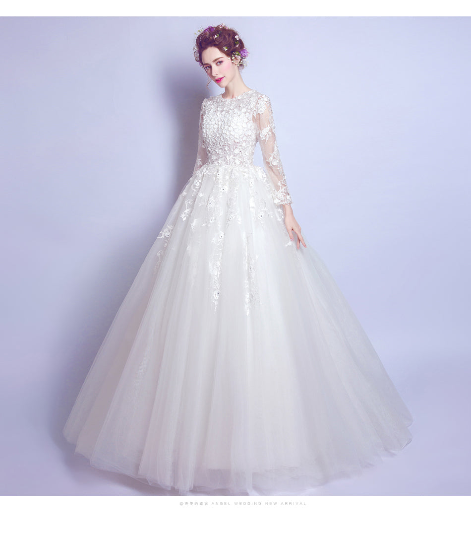 White luxury long sleeve women princess bridesmaid banquet party wedding bridal dress gown