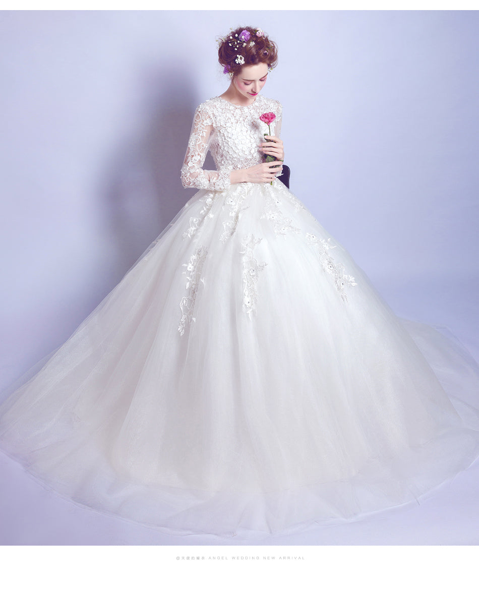 White luxury long sleeve women princess bridesmaid banquet party wedding bridal dress gown