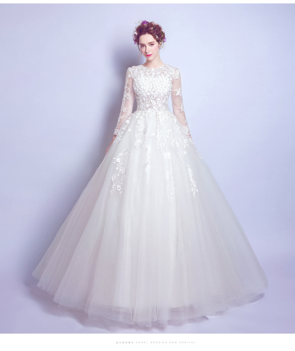 White luxury long sleeve women princess bridesmaid banquet party wedding bridal dress gown