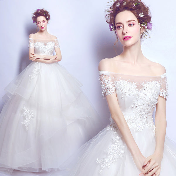 White beading boat neck luxury sexy women princess bridesmaid banquet party wedding bridal dress gown