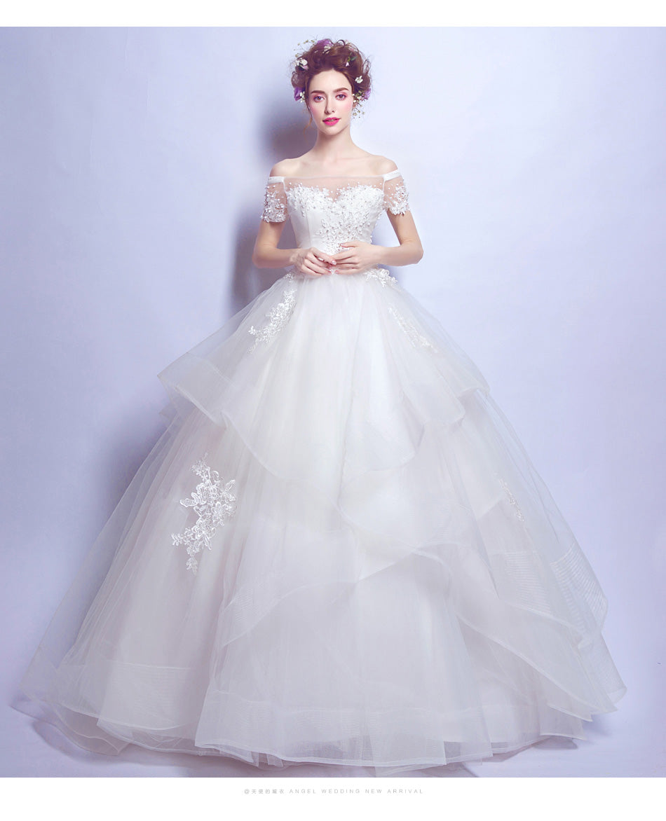 White beading boat neck luxury sexy women princess bridesmaid banquet party wedding bridal dress gown