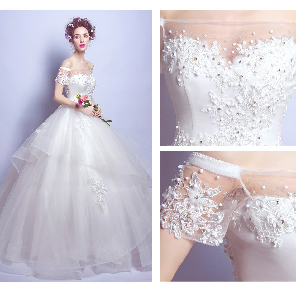 White beading boat neck luxury sexy women princess bridesmaid banquet party wedding bridal dress gown
