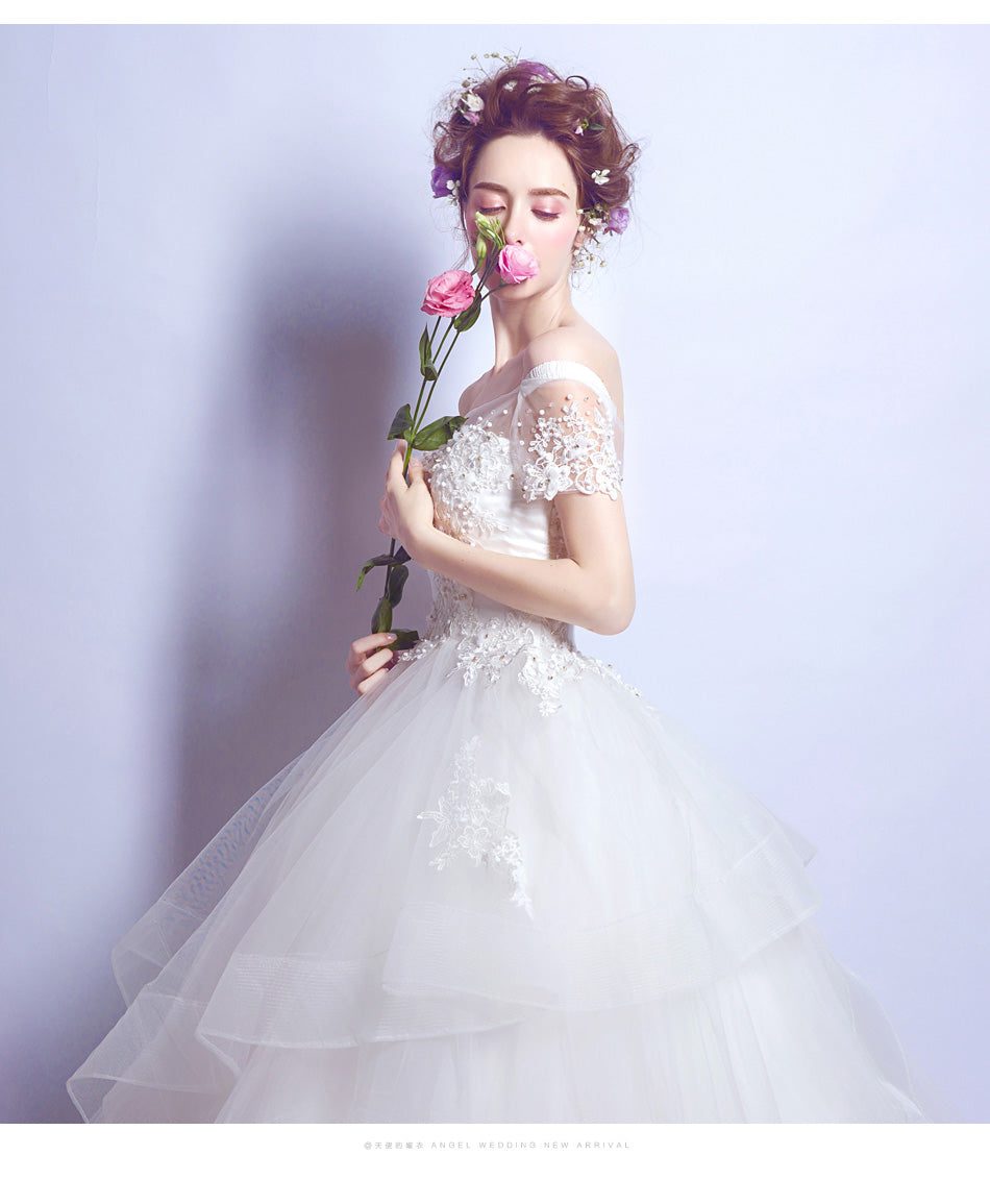 White beading boat neck luxury sexy women princess bridesmaid banquet party wedding bridal dress gown