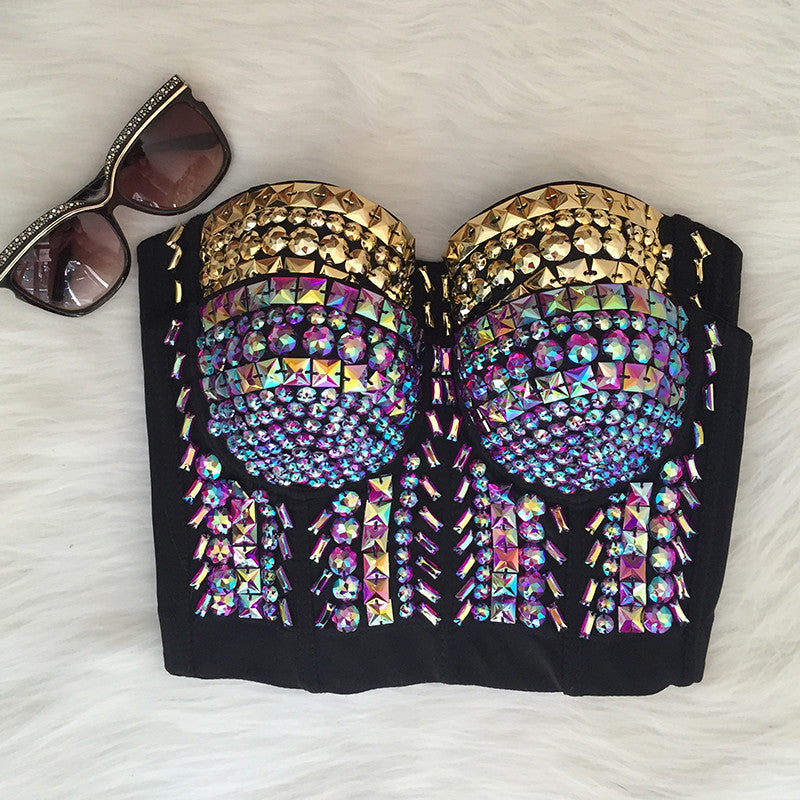Unique Gold Purple Rhinestone Bustier Pearls Diamond Push Up Night Club Bralette - Sins & Temptations