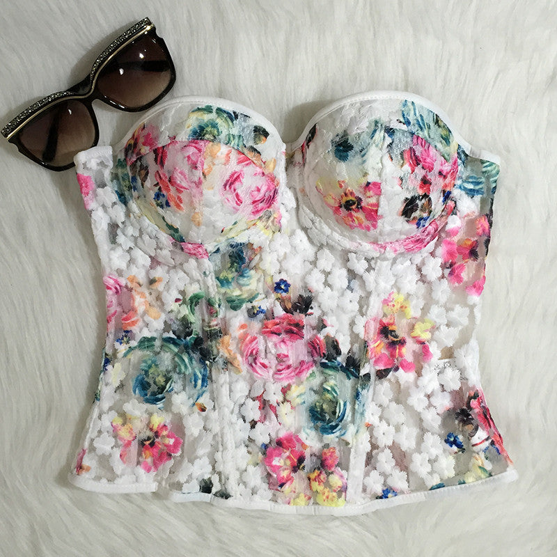 Embroidery Lace Floral Bandage Zipper Push Up Women's Long Bustier Bralette - Sins & Temptations