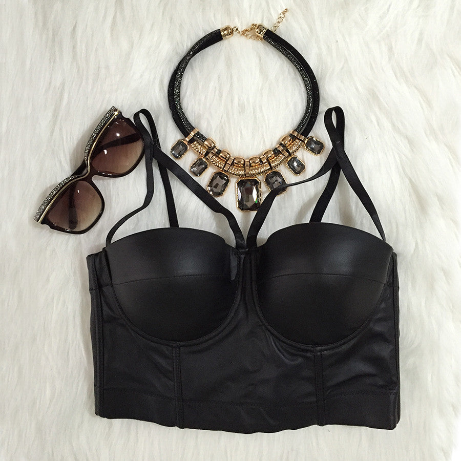 New Matt PU Leather Cut Cross Bralette Women's Bustier - Sins & Temptations